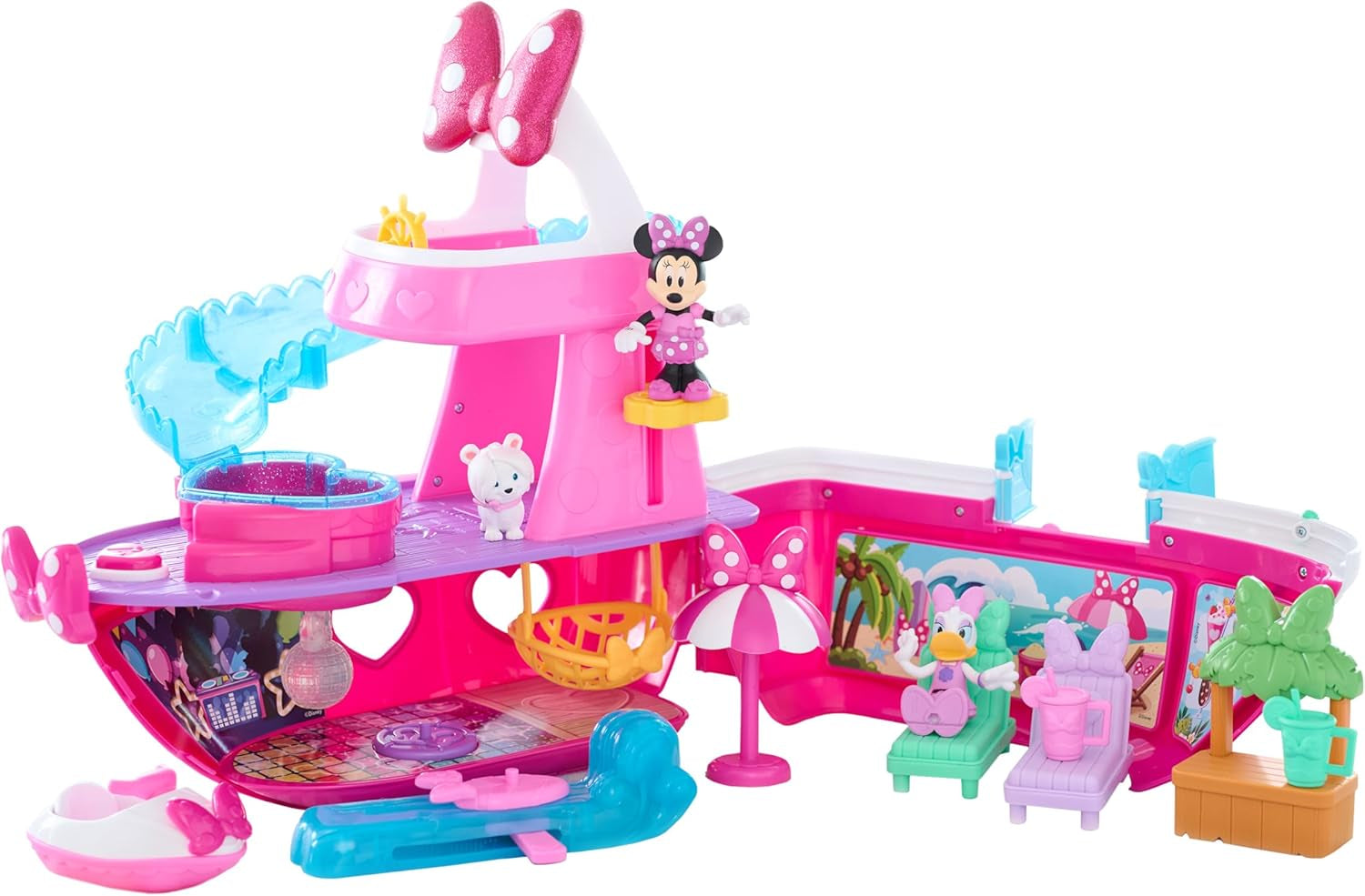 Disney Junior Mouse Bowdazzling Yacht, Lights and Sounds, 16-Piece Playset with Figures, Pink, Boat, Bonus Pieces, Kids Toys for Ages 3 up by
